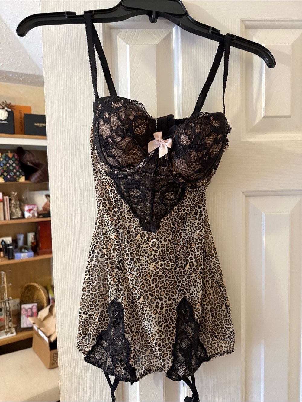 Victoria's Secret Leopard Print Chemise with Black Lace & Pink Bow